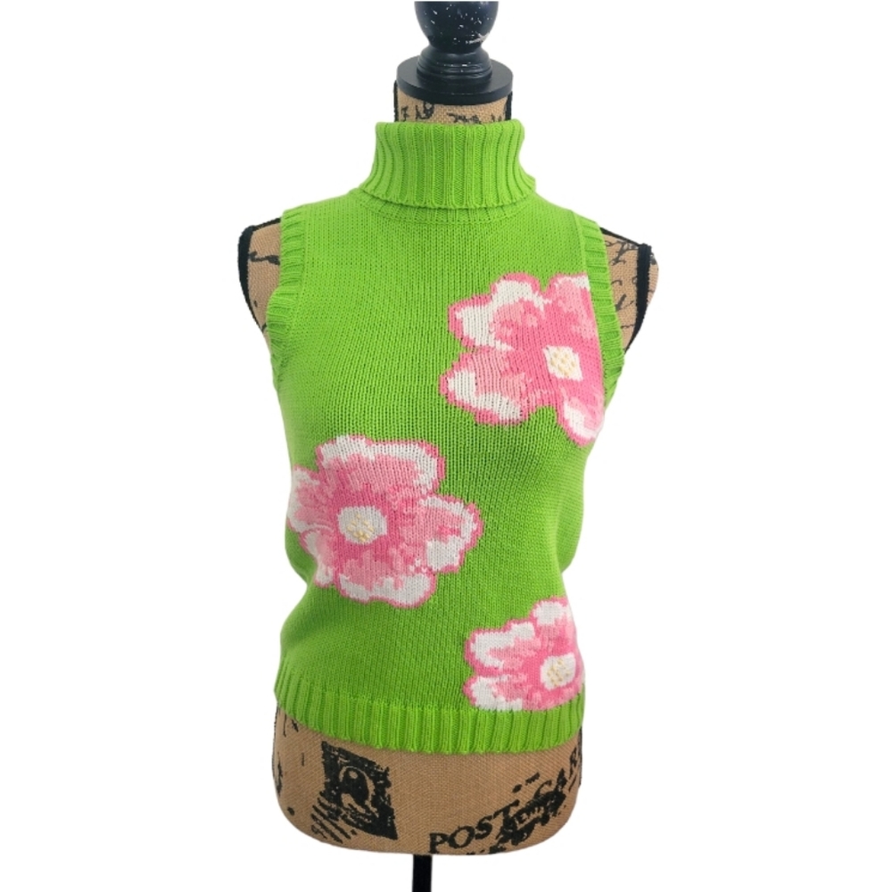 Small Lilly Pulitzer lime green & pink floral sleeveless turtleneck sweater top